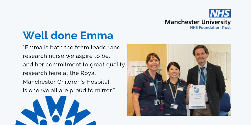 MFT_Research's tweet photo. Well done to Emma Charnock, Senior Clinical Research Nurse &amp; Team Leader in the Paediatric Oncology Research team at @RMCHosp, who won the @MFTnhs Research and Innovation GEM (Going the Extra Mile) award for #leadership after receiving glowing nominations from her peers. https://t.co/yFrceQJFNq