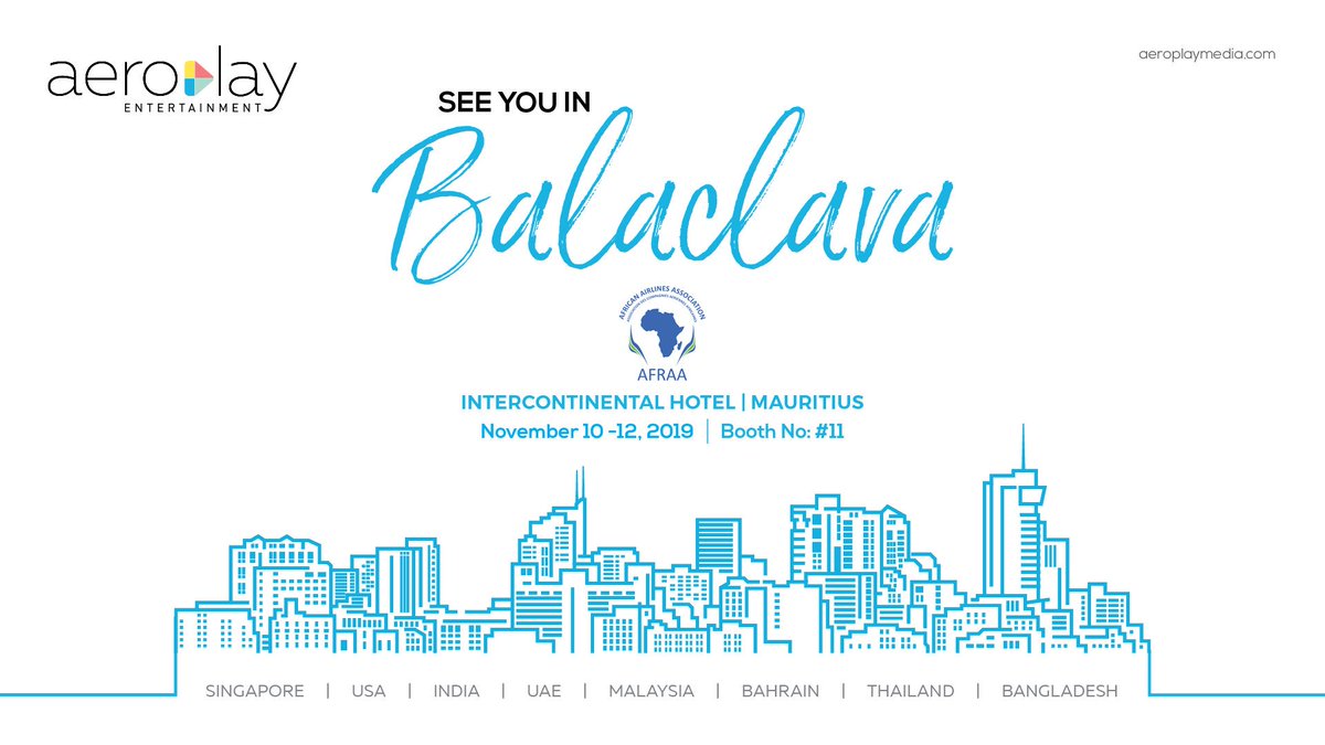 aeroplayent's tweet photo. Come meet us at AFRAA's 51st Annual General Assembly &amp; Summit in breathtaking Mauritius. You can find us at Booth No. 11 between 10th-12th November to know about our content solutions and technical services!
#AFRAA #Inflight #AeroplayEntertainment #Mauritius #Content  #Balaclava https://t.co/hBzhzNFjDM
