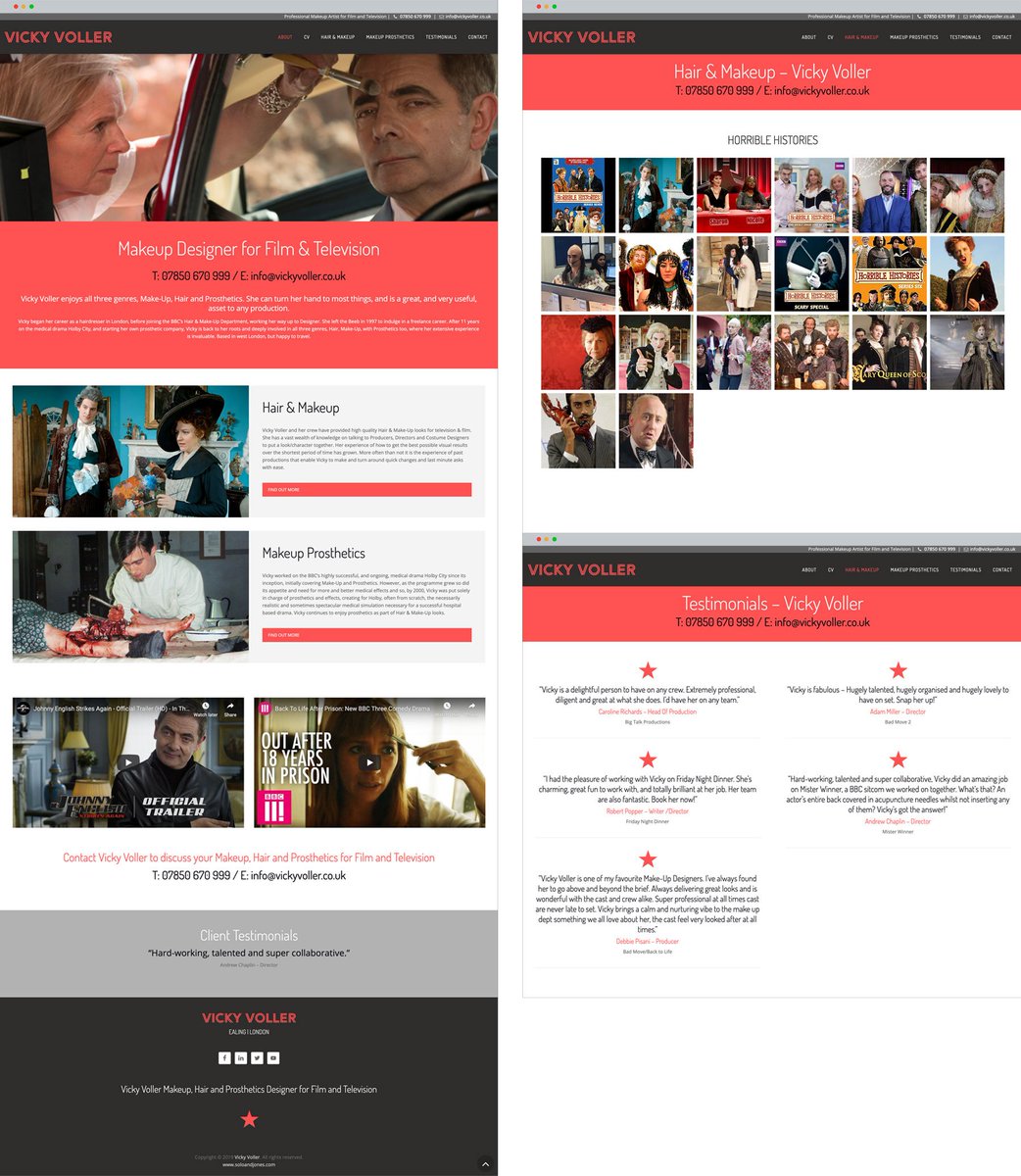 SoloAndJones's tweet photo. A website we produced for Vicky Voller, Film and TV Make up artist in London. You've probably seen Vickys work on Casualty, Holby City, Horrible Histories, Johnny English and many more for both Film and TV. https://t.co/tUkcIHr1ez #webdesign #huddersfield #starquality #film #tv https://t.co/1AB8MNAR0k