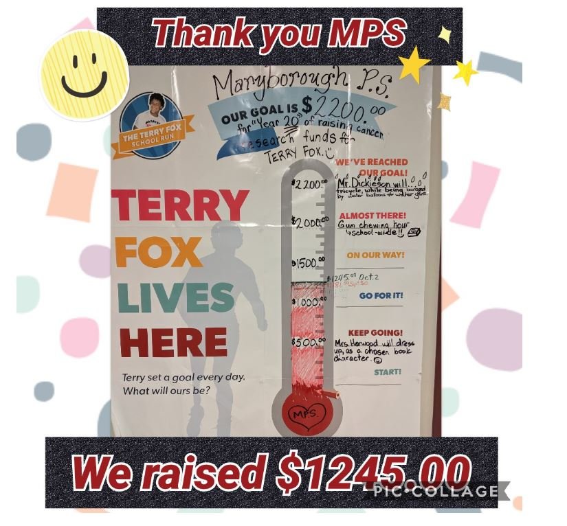 MaryboroughPS's tweet photo. A BIG Thank You to the Maryborough PS School Community! Together, we raised $1245 during our Terry Fox School Run last week! https://t.co/rqgzG10vKx