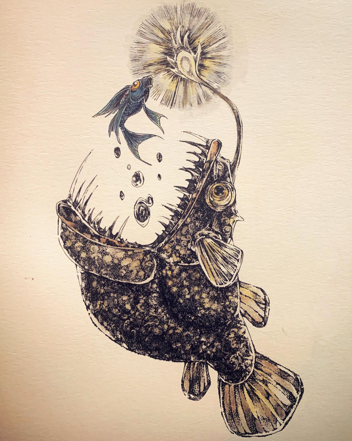 梅月 Inktober19 Day3 Bait 餌 誘惑 チョウチンアンコウの描き込みに挫折しかけた まだ始まって3日やっちゅうねん Inktober19 Inktober イラスト Illust Art アナログイラスト 梅月備忘録 Bait 餌 誘惑 チョウチンアンコウ T