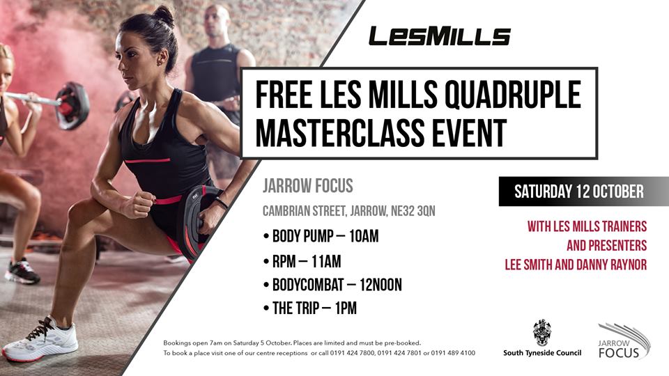 Following on from the success of the Les Mills Masterclass last year, Jarrow Focus will be hosting a FREE Quadruple Masterclass Event on 12 Oct, with Les Mills master trainer and presenters Lee Smith and Danny Raynor.

Bookings open 5 Sept: bit.ly/2ndnE1N <a href="/STyneLeisure/">STyneside Leisure</a>