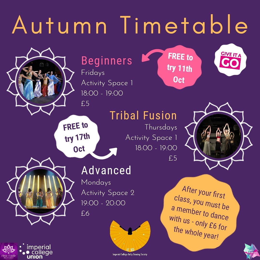 Our Autumn timetable is here 💃

Beginners &amp; Advanced start w/c 7th Oct &amp; Tribal Fusion starts w/c 14th 💕 The first Beginners &amp; Tribal Fusion classes of term are FREE to try!

Bulk-buys &amp; membership: imperialcollegeunion.org/shop/club-soci…

See you there 💖

#danceimperial #icunion #icubelly