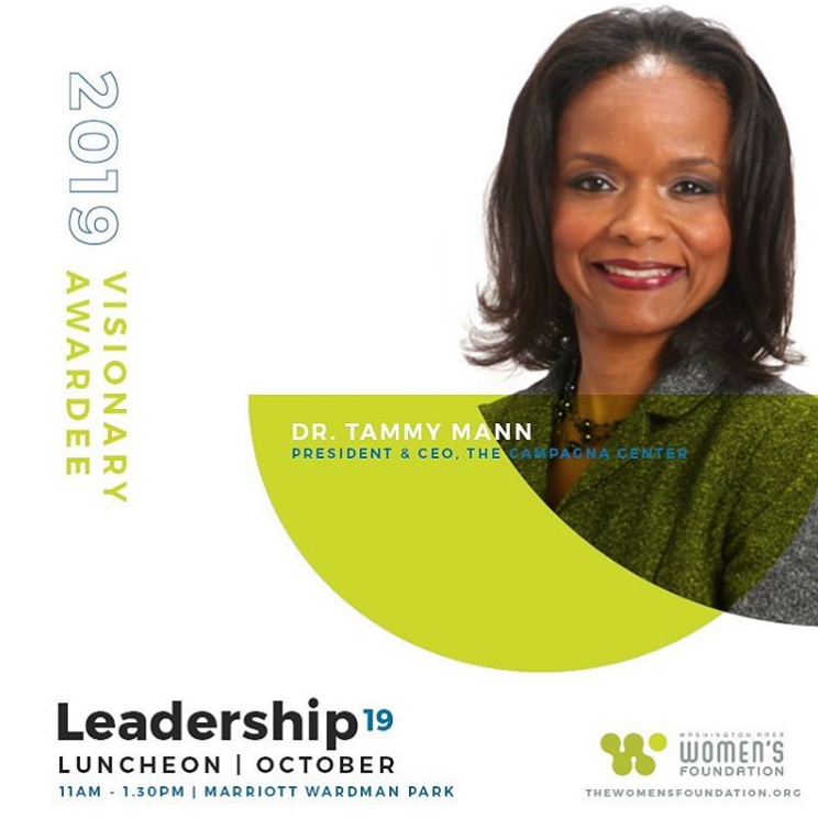 CampagnaCenter's tweet image. We are thrilled to announce that our President &amp;amp; CEO, Dr. Tammy Mann, will be receiving a Visionary Award from the Washington Area Women’s Foundation. #LL2019 @TheWomensFndtn 

Click here for more details: buff.ly/2nF2mKL