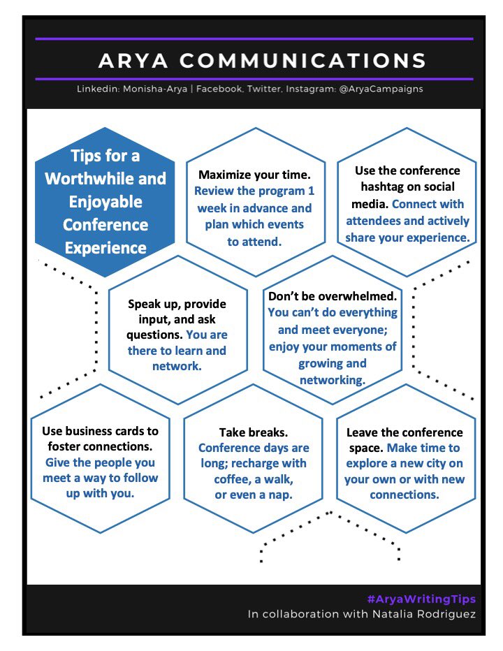 AryaCampaigns's tweet photo. #AryaWritingTips. Getting ready to go to a conference? Already there? Today’s primer has 7 tips to help you get the most out of your experience. #primerseries #publichealth #scicomm #IDWeek2019 https://t.co/JMJKB73jdf