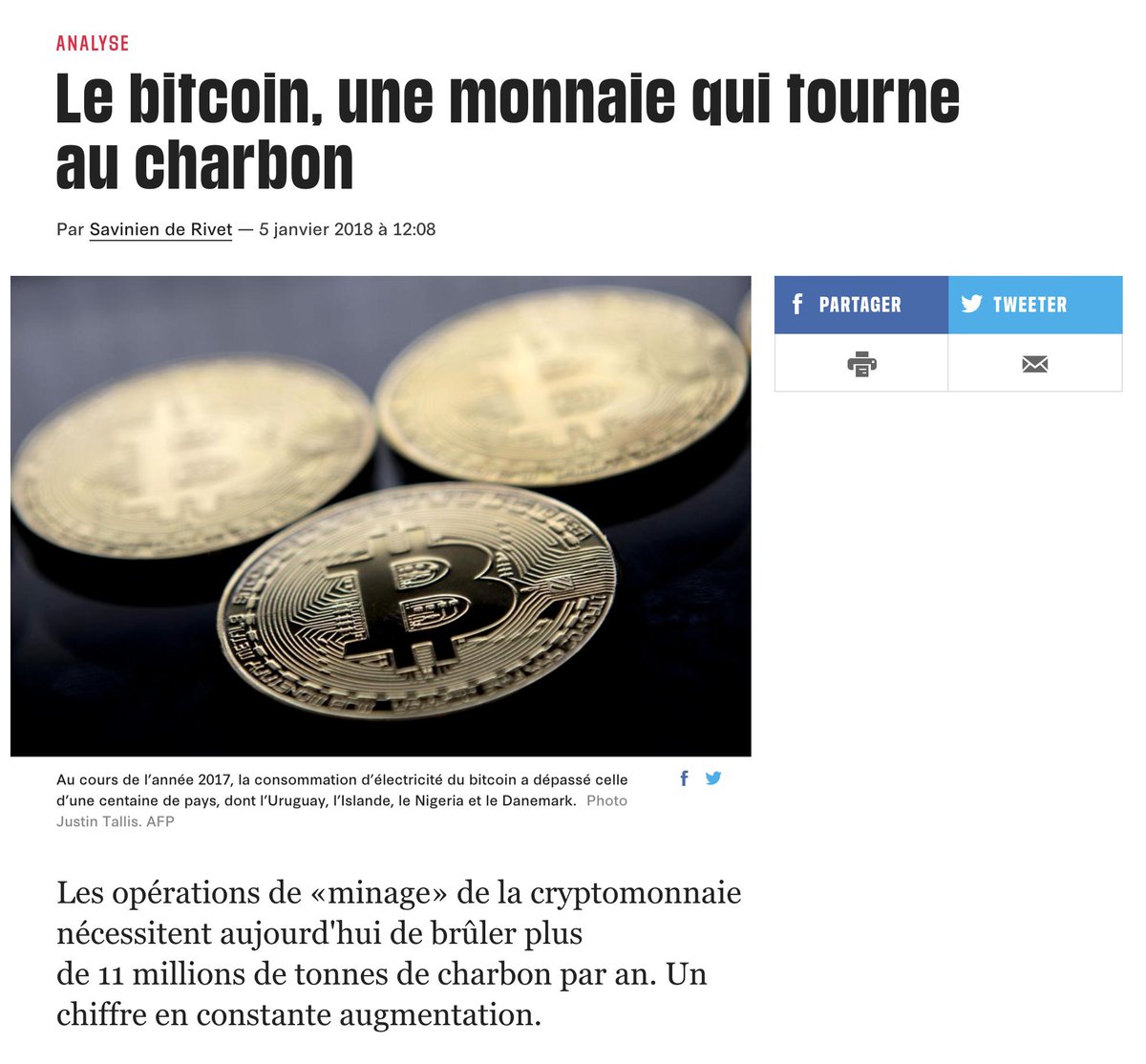  Janvier 2018, la presse conspue Bitcoin, ce dernier étant principalement miné en Chine dont l'énergie principale est le charbon. Jamais ces "journalistes" n'ont enquêté pour découvrir qu'en fait environ 80% des mineurs chinois utilisent des installations hydro-électriques.