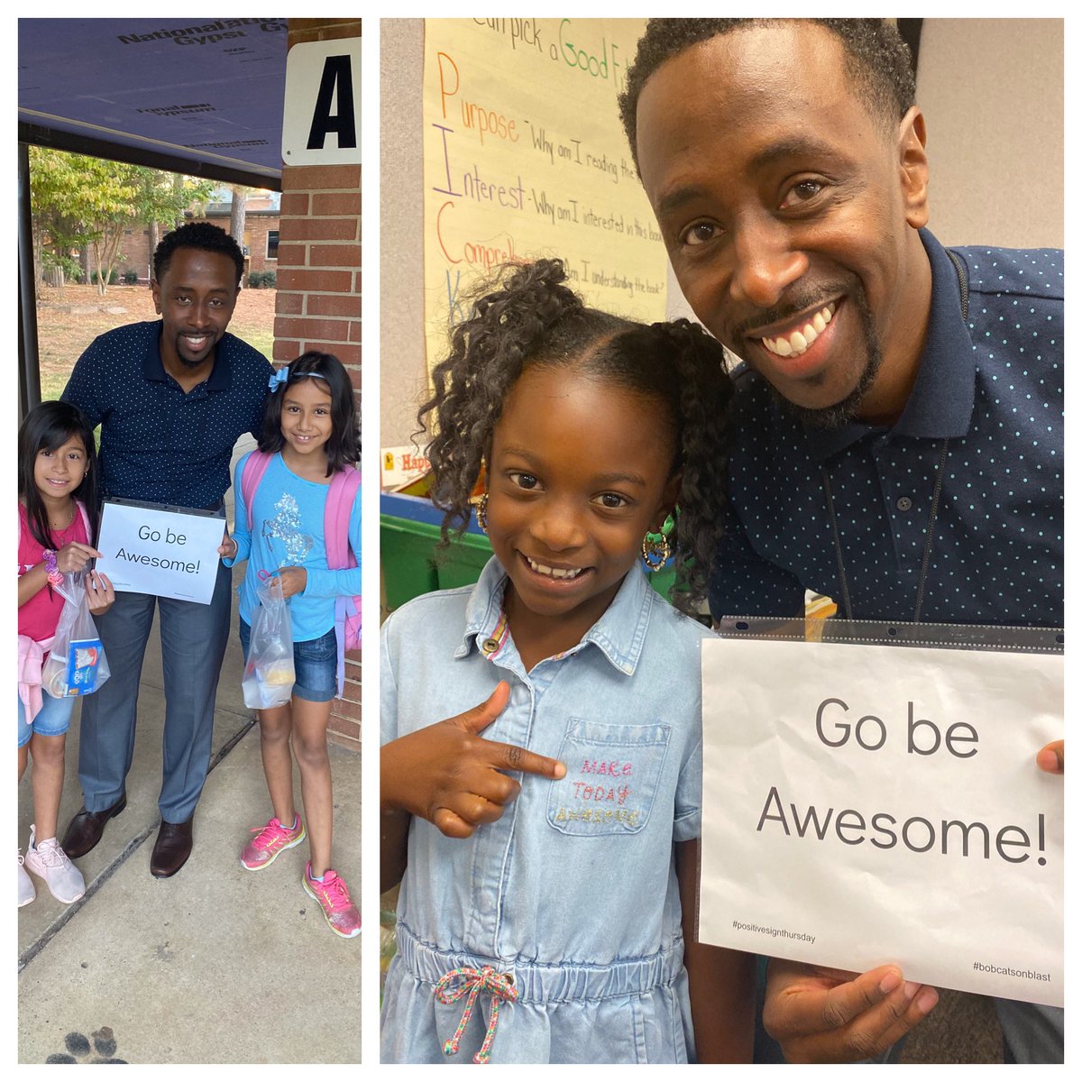 This week’s #positivesignthursday is made extra special with matching message on the shirt of a 2nd grader that says “make today awesome”! #bobcatsonblast