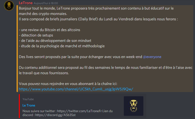 LeTonton_'s tweet photo. Le Trone lance très prochainement son contenu éducatif sur @YouTube pour apporter sa pierre à l'édifice dans le crypto-world. $btc $crypto $alts
Lien de la chaîne ici: https://t.co/jdKhuHrev6 

Rejoignez-nous sur discord: https://t.co/WRzOb7CVmz https://t.co/38R4icjTfD
