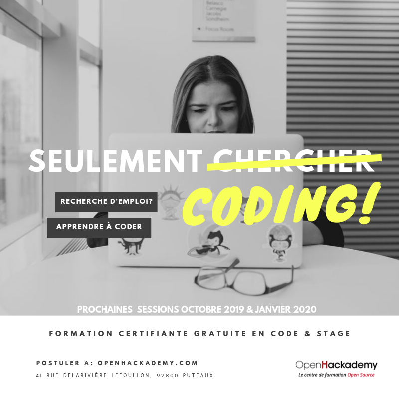Postulez pour nos cours de #OpenSource #coding gratuits labélisés #GEN C'est 4 mois de cours + 2 mois de stage. La session Dev. Web commence en fin octobre 2019 &amp; le Dev. Ops commencera en décembre. Intéressé par les métiers #numérique, Postuler sur : opehackademy.com