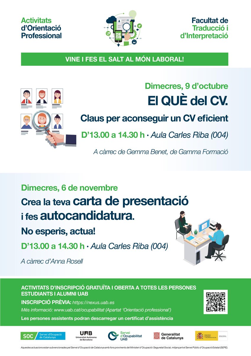 gammaformacio's tweet photo. 🤔❓Saps que el #CURRÍCULUM és la eina que t'obre les portes de l'#entrevista de #feina? Aprèn a DESTACAR els teus punts forts x superar totes les fases del procés de selecció! 
🔜 Dimecres, 9/10, 13h > @TraduccioUAB 
⚠️ Busca feina de forma eficient! #OcupabilitatUAB https://t.co/hVw7o0o7Ds