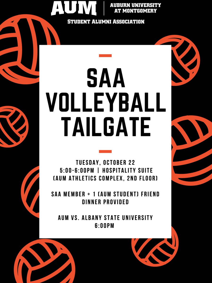 SAA MEMBERS - 
Join us for a volleyball tailgate in the hospitality suite!!
(Check your email for the invite + RSVP link)
#AUMsaa #AUMvolleyball #WarhawkNation