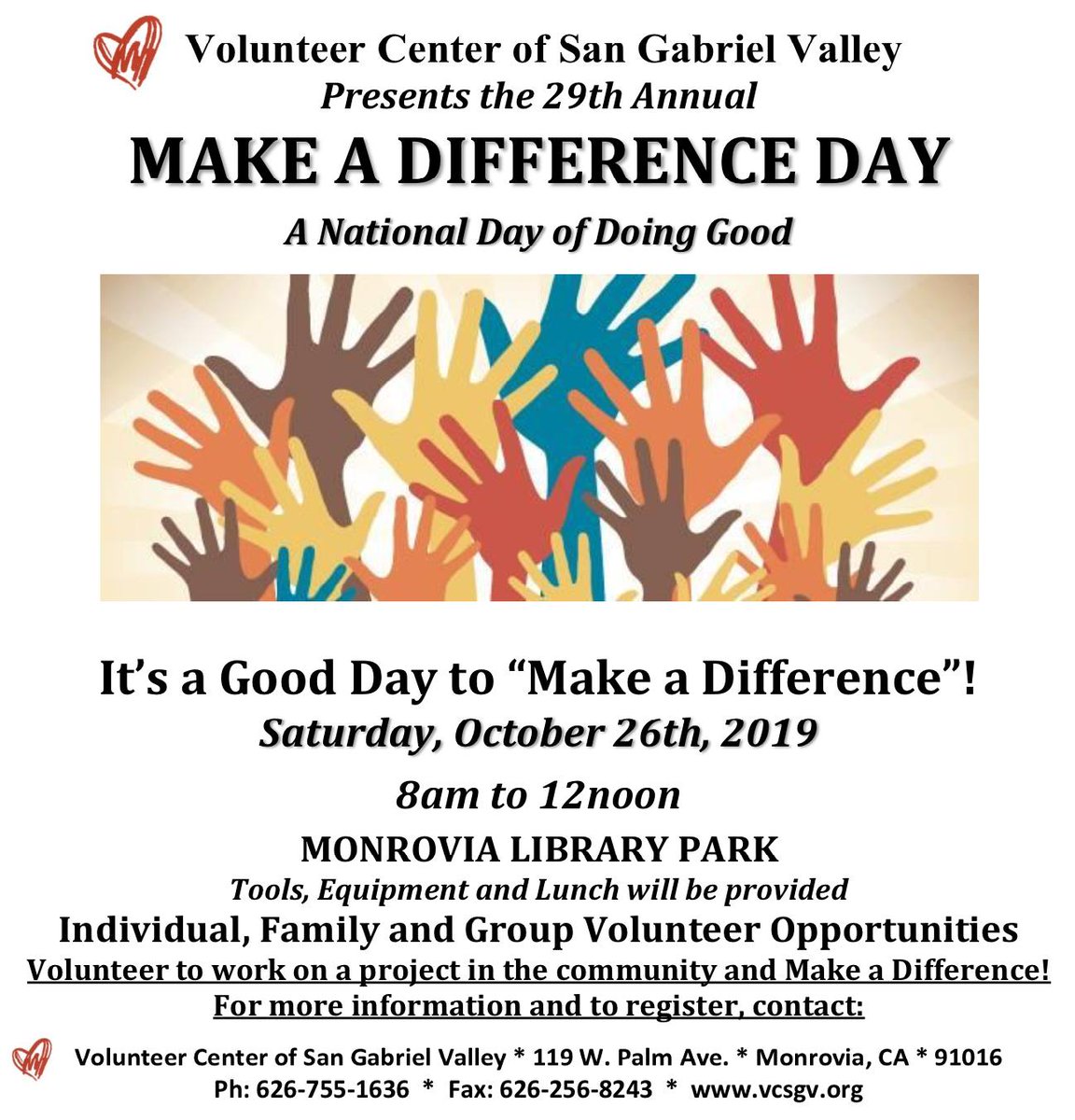 Covisus will be attending the 29th annual Make a Difference Day event held by the Volunteer Center of San Gabriel Valley! We will be coming together at the Monrovia Library Park to participate in volunteer work for the community. Devoting a Saturday to making a difference!