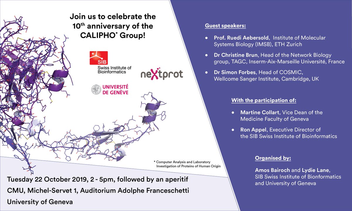 ISBSIB's tweet photo. Save the date and join us in celebrating 10 years of CALIPHO Group and research on #humanproteins, with a symposium on 22 October in #Geneva, organized by SIB Group Leaders Amos Bairoch @calipho2 and @lydie_lane @unige_en. More info: https://t.co/mRBDN21MNi #CALIPHO10 https://t.co/2UrhnklswD