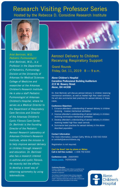 ACHResearch's tweet photo. Please join us for our Research Visiting Professor Series at Grand Rounds on Friday, October 11 at 8 am in Considine Auditorium. Dr. Ariel Berlinksi will present "Aerosol Delivery to Children Receiving Respiratory Support". #ACHResearch https://t.co/i89pMopz0b