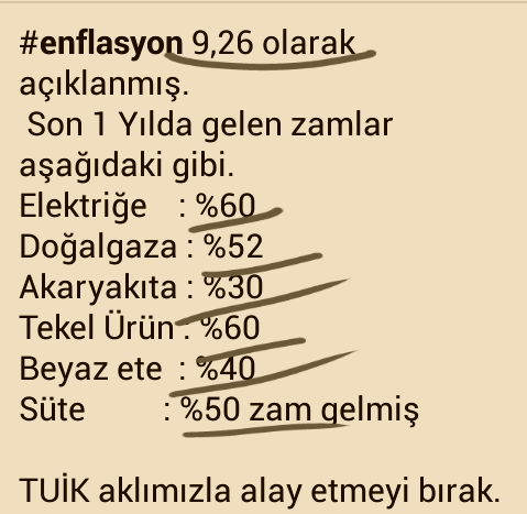 Enflasyon Yalanı. 
Aşağıdaki hesabı yapmak 
İçin hasap uzmanı olmanız
Gerekmiyor. 
6 maddenin toplamı
942.
942 yi 6 ya bölerseniz
Yıllık enflasyon eşittir
% 48.
Bu kadar basit yani