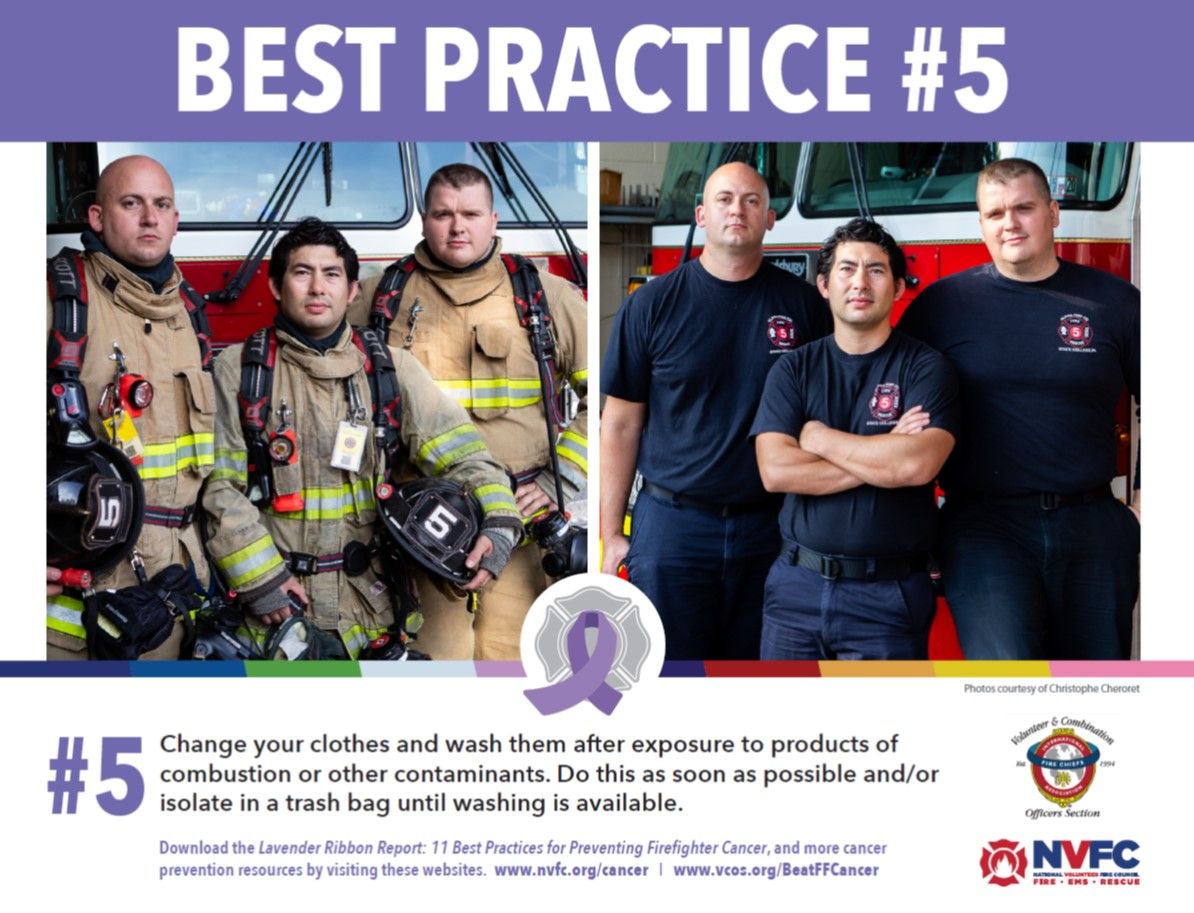 IAFC_VCOS's tweet photo. #11Ways11Days BP5: Change your clothes and wash them after exposure to products of combustion or other contaminants. Do this as soon as possible and/or isolate in a trash bag until washing is available. #BeatFFCancer https://t.co/imNb9LX7iG