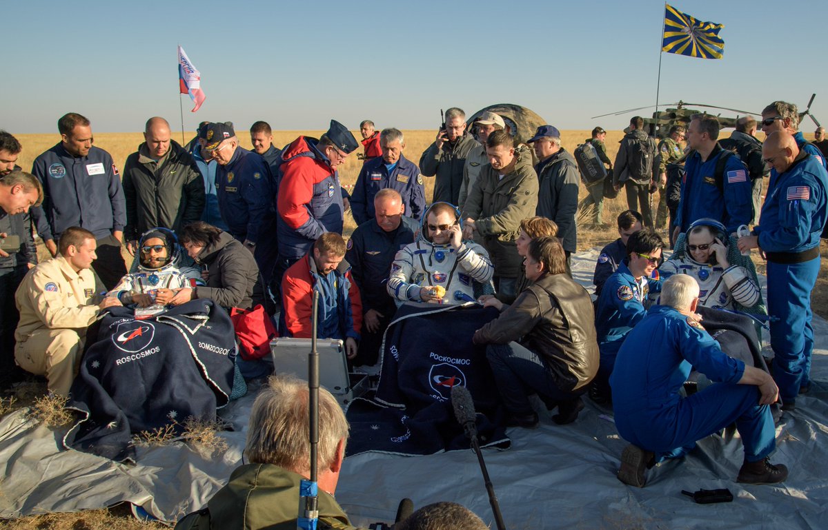 Intl. Space Station (@Space_Station) on Twitter photo 2019-10-03 12:28:04 Expedition 60 crewmates Nick Hague and Alexey Ovchinin with visiting astronaut Hazzaa Ali Almansoori of the United Arab Emirates are back on Earth after landing in Kazakhstan today. Credit: NASA/Bill Ingalls Expedition 60 crewmates Nick Hague and Alexey Ovchinin with visiting astronaut Hazzaa Ali Almansoori of the United Arab Emirates are back on Earth after landing in Kazakhstan today. Credit: NASA/Bill Ingalls