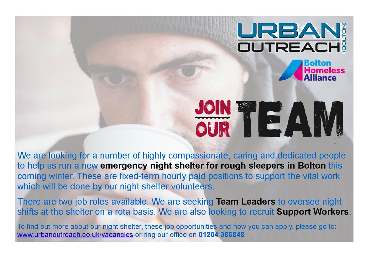 UrbanOutreachUK's tweet photo. We are looking for a number of highly compassionate, caring &amp; dedicated people to help run a new emergency night shelter for rough sleepers in Bolton. These are fixed-term hourly paid jobs to support the vital work which will be done by our night shelter volunteers. Please RT https://t.co/EwiN0X2LoK