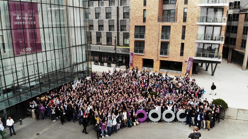 Odoo's tweet photo. The group picture of this year’s #OdooExperience Look at all those excited and knowledgeable faces #odoo We are so grateful for celebrating v13 with us https://t.co/v1RfUfSzeb