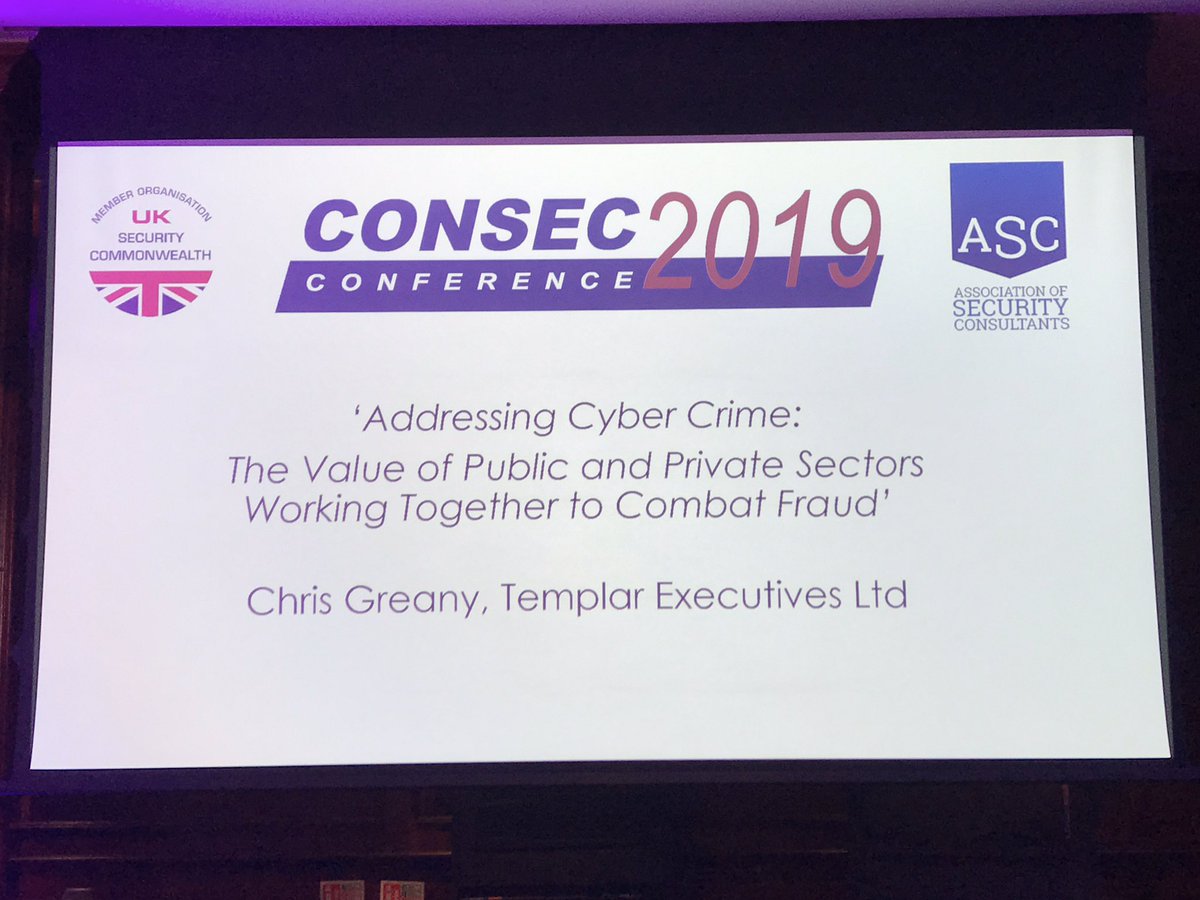 assocsecurity's tweet photo. Chris Greany of @templarexecs ‘Addressing Cyber Crime - The Value of Public and Private Sectors Working Together to Combat Fraud’. #CONSEC2019 https://t.co/lIIylTIbgo