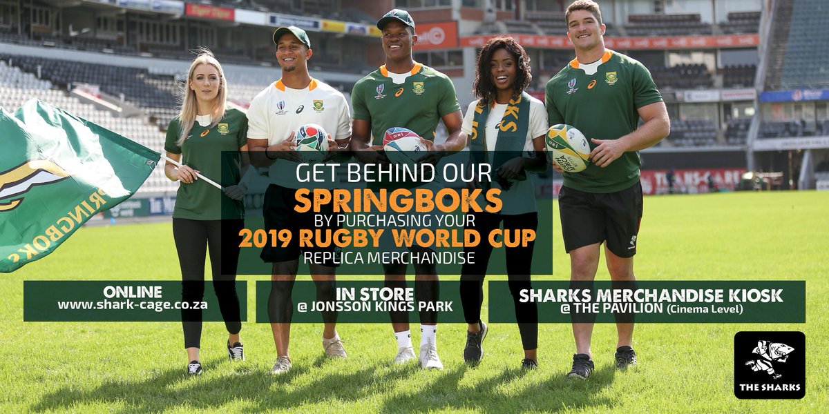 The Sharks (@TheSharksZA) on Twitter photo 2019-10-03 13:00:36 Get behind the Springboks by purchasing the latest Springbok apparel. Now available online, in-store and at the Pavilion kiosk ๐ฟ๐ฆ Get behind the Springboks by purchasing the latest Springbok apparel. Now available online, in-store and at the Pavilion kiosk ๐ฟ๐ฆ