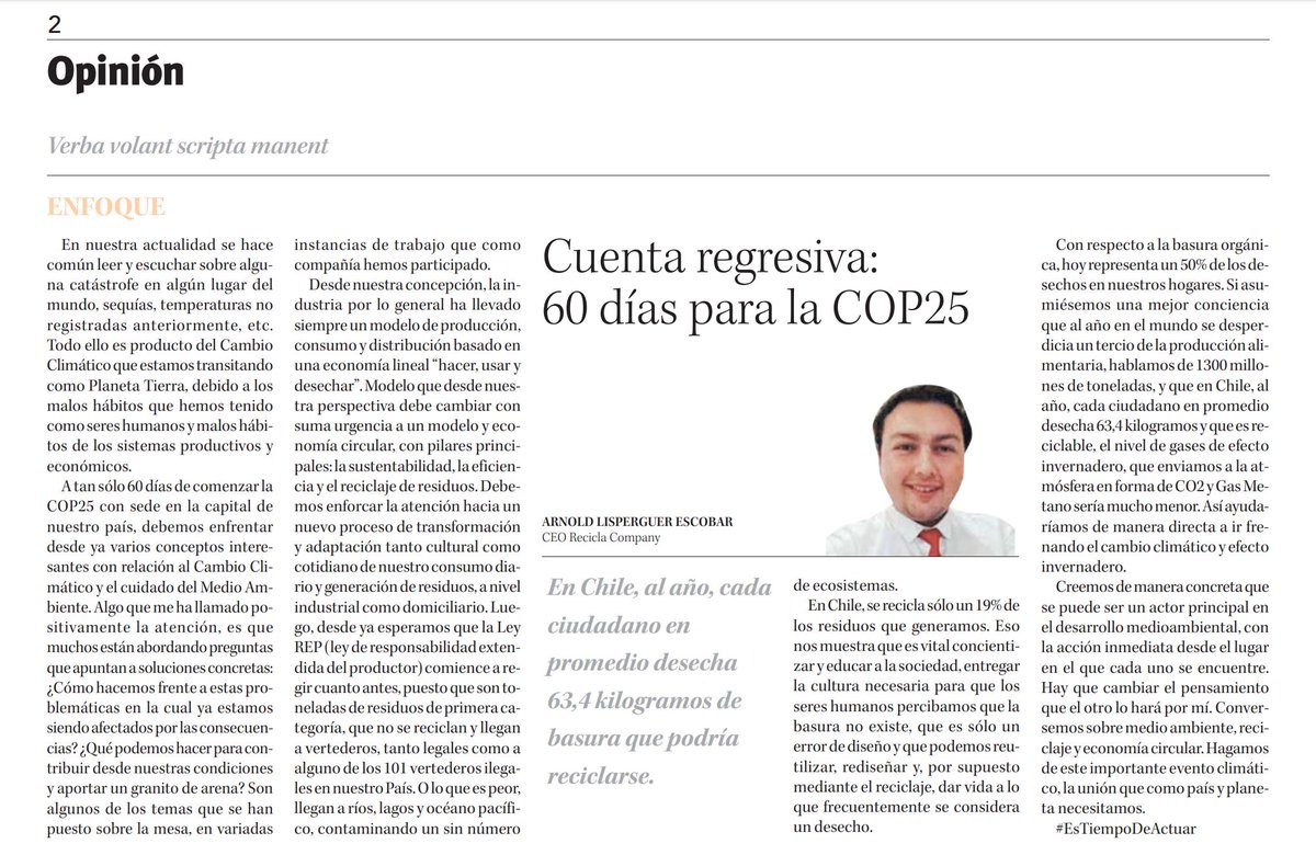 A T-60 días de la @COP25CL, <a href="/Lisperguer_Ea2/">Arnold Lisperguer E</a> , CEO de <a href="/reciclacompany/">Reciclacompany_cl</a>, nos da su opinión respecto al cuidado del medioambiente en <a href="/DiarioConce/">Diario Concepción</a> #EsTiempoDeActuar #cop25cl #climatechange #climateaction 
linkedin.com/posts/rodrigol…