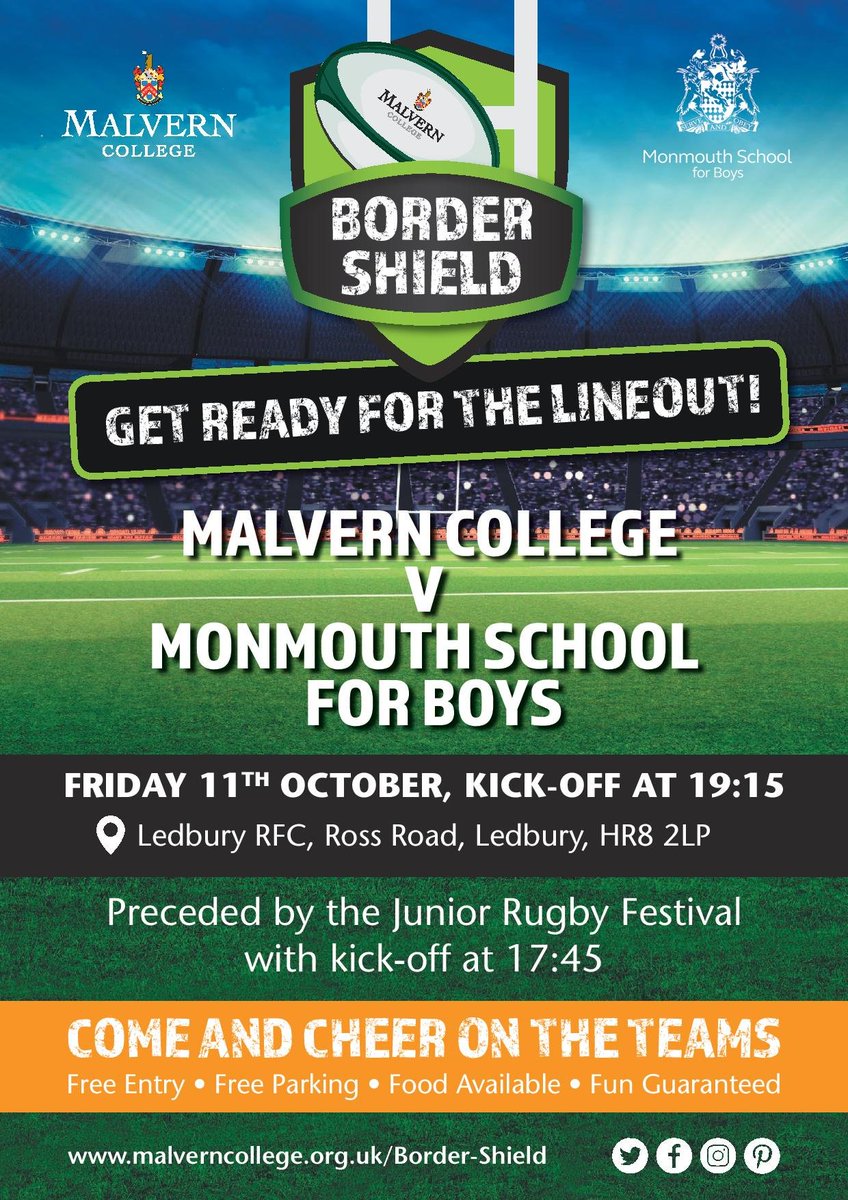 Habsmonmouth's tweet photo. The rugby players @MonSchBoys will be lining up against @malverncollege for the Border Shield next Friday (11th October), kick-off 7.15pm. It promises to be a very competitive first-team contest under the lights at Ledbury Rugby Club. #rugby #rugbyunion #bordershield https://t.co/2PCsoeIjTu