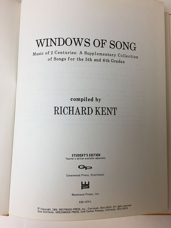 wlpmusic's tweet photo. Throwback to April 4, 1969!
Today we feature the book “Windows of Song.” Compiled by Richard Kent. This was a student book and a teacher’s edition published by Westwood Press 
#windowsofsong #richardkent #tbt #throwbackthursday  #greenwoodpress #westwoodpress https://t.co/uQYA2l9WAI