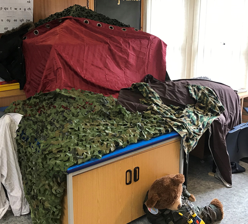 TheMilestoneSch's tweet photo. On the left the #ArmourGeddon #AndersonShelter. To the right, the @TheMilestoneSch #DeerClass #recreation #creativeteaching #learningbyexperience https://t.co/9LiMXRiQTk