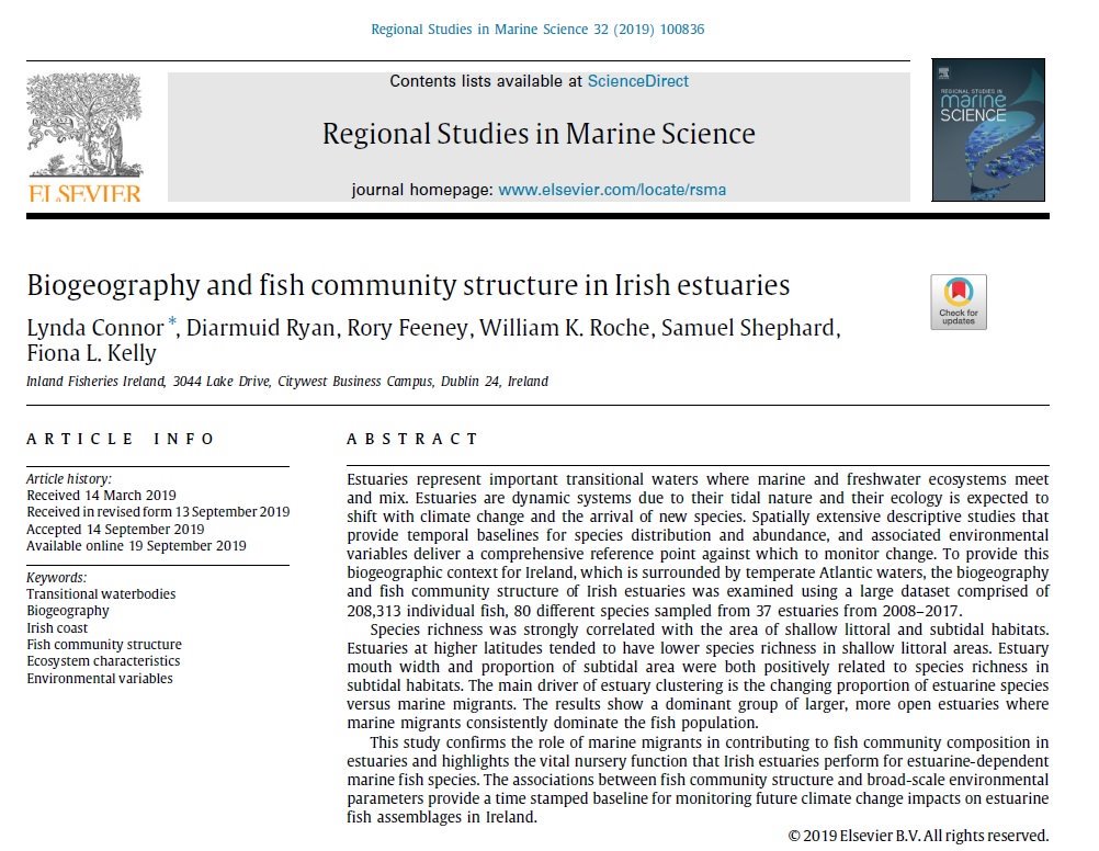 New paper outlines the geographical distribution of fish in Irish estuaries; a study area of 37 estuaries with 202,917 individual fish encountered of 80 species. This is a great analysis of a large data set - well done!