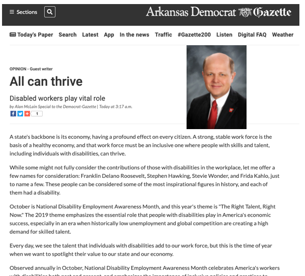 ArkansasDWS's tweet photo. Great Op-Ed piece on National Disability Employment Awareness Month in today's Democrat-Gazette by Arkansas Rehabilitation Services Commissioner Alan McClain.

#NDEAM #ARDEAM

https://t.co/uOibo6s2L0 https://t.co/D7ZaayjpNJ