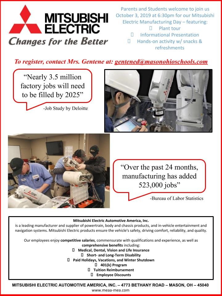 MCSExpLearning's tweet image. Check out a career pathway in the growing field of Manufacturing.  Parents and MHS students--join us tonight at 6:30 at Mitsubishi Mason. Tour, hands-on activity, and Q&amp;amp;A.