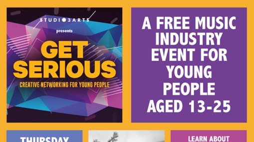 Join our friends <a href="/studio3arts/">Studio 3 Arts</a>  at their 'Get Serious' event which takes place TONIGHT! An awesome creative networking event for young people aged 13-25 looking to break into the music industry! 
6 - 9.30pm.