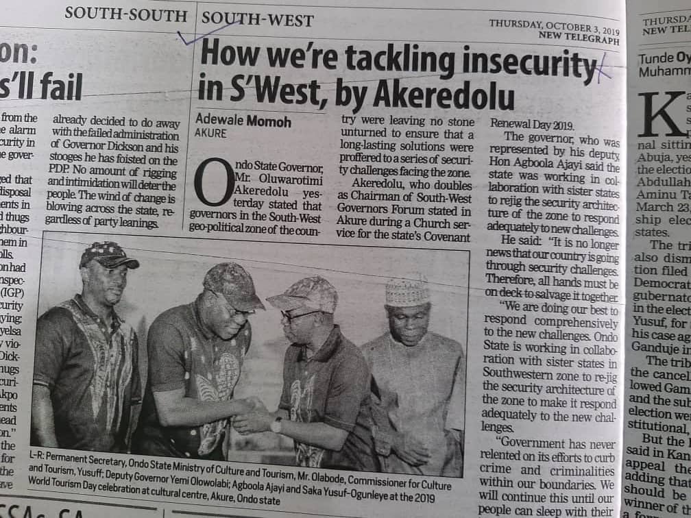 ondoculture's tweet photo. This is the World Tourism Day 2019. The story is contained on Page 34 of The Telegraph today 3rd Oct 2019... Higher places.... https://t.co/gJUi0bWQ37