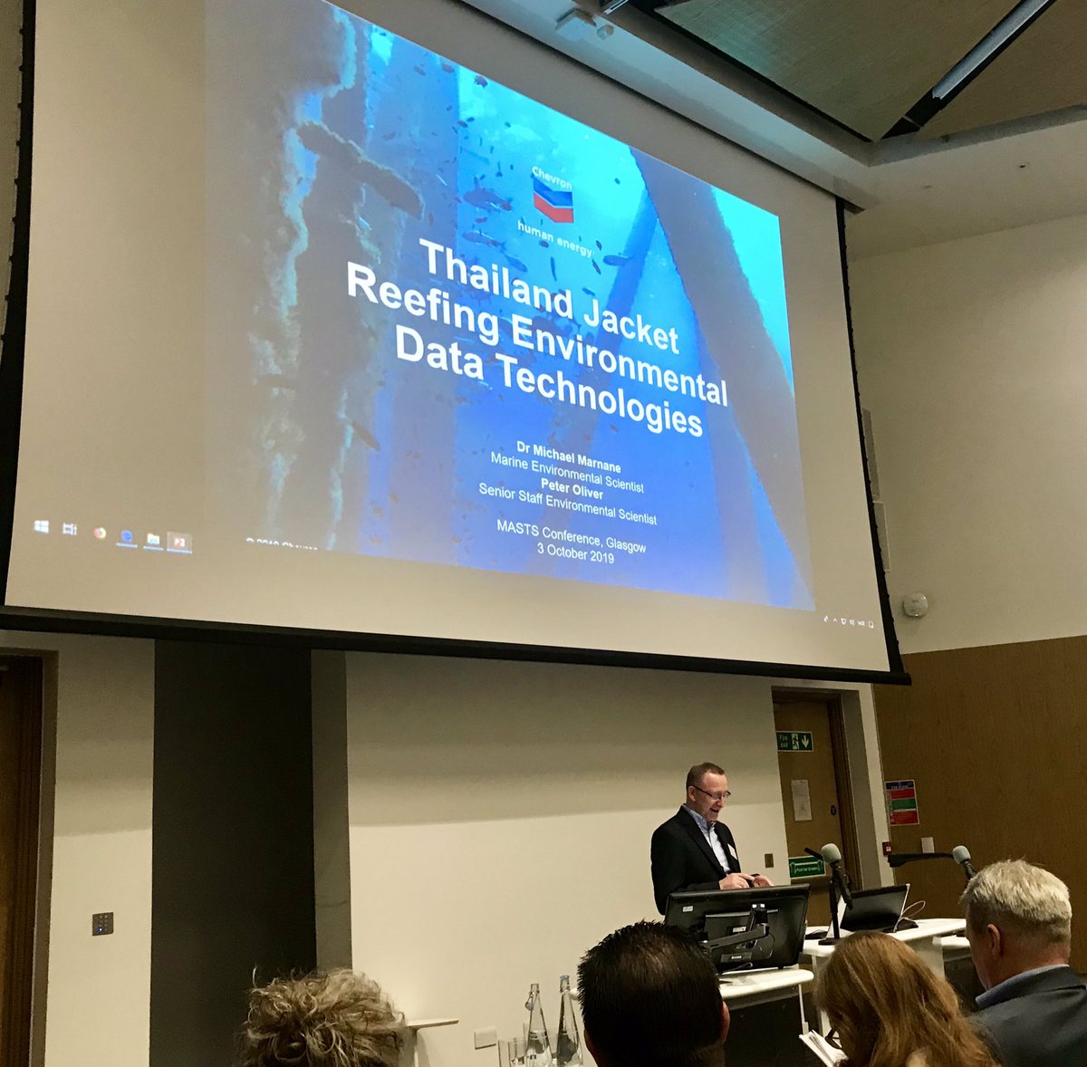 SUT_news's tweet photo. Peter Oliver @Chevron gave an excellent talk on lessons learned, new #technology & best practice in #Decommissioning at the SUT/@mastscot Decommissioning & wreck removal workshop at #MASTSASM2019 today in Glasgow. @SUT_Events https://t.co/pQQn4uDHeM