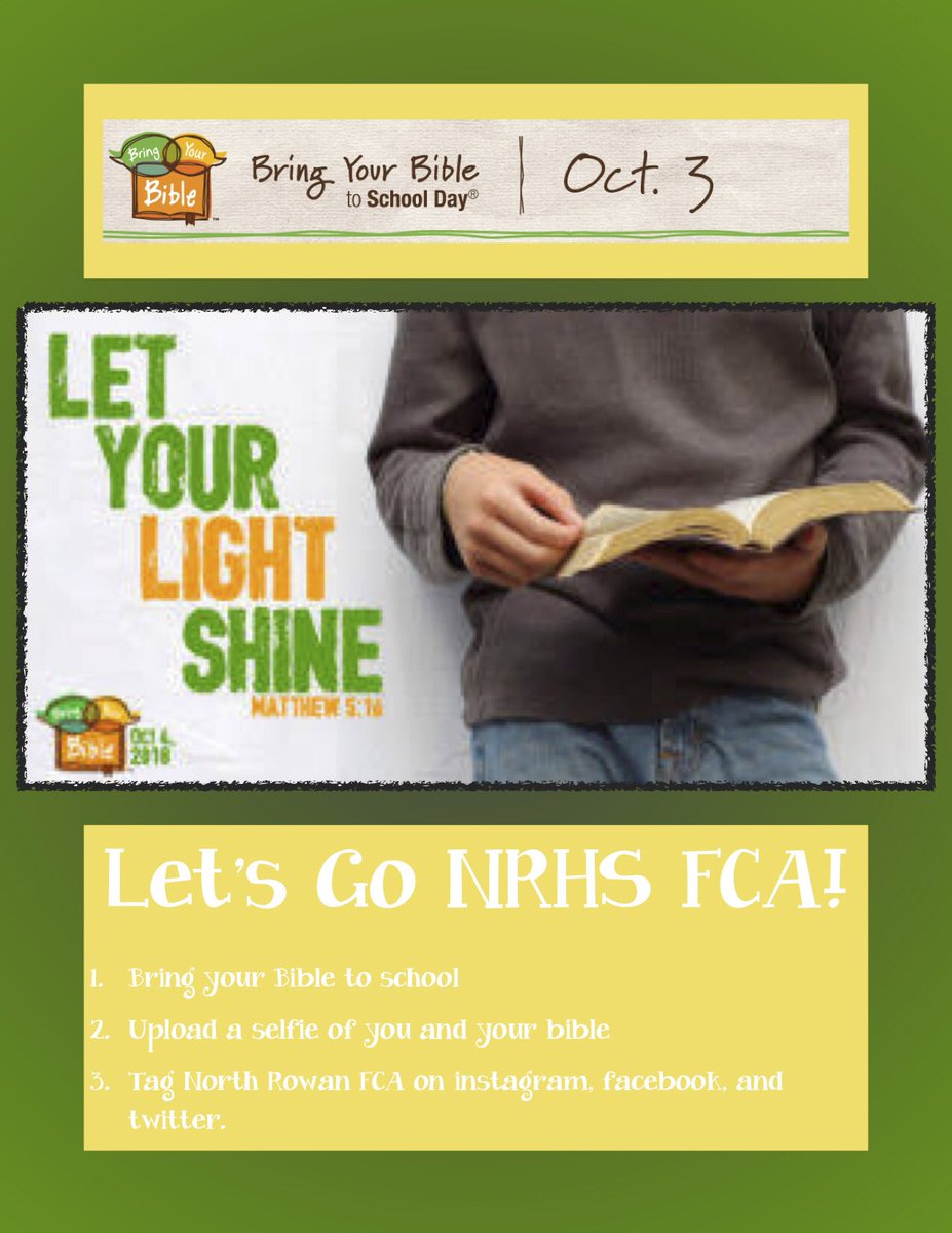 NorthRowanFCA's tweet photo. FCA and BYBTS is happening TODAY!! Look forward to meeting and seeing you during Advisory in the Chorus Room. Bring a friend that’s never attended FCA today. @bringyourbible @fca_usa. #northrowanfca #rowanfca #rocofca #letsgo #truenorth https://t.co/8hFGmMZmYI