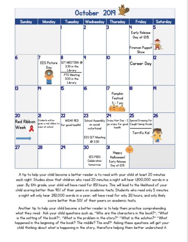 EasternElement3's tweet photo. Here is our October Calendar! We have a FUN month ahead! Don’t forget we have an Early Release Day on Friday! https://t.co/h9s0uyzqSh