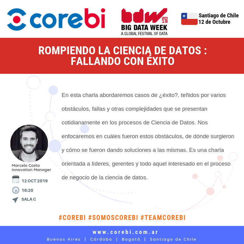 NowverticalES's tweet photo. ROMPIENDO LA #CIENCIA #DE #DATOS : FALLANDO CON ÉXITO. ¡Nuestro Innovation Manager Marcelo Costa será speaker en el Big Data Week Santiago!👏👏👏
Para más información sobre como ser parte de #bdwscl, visita https://t.co/SshRELb65x
#corebi #somoscorebi #bigdata #Analytics https://t.co/BpPR0Vbi2i
