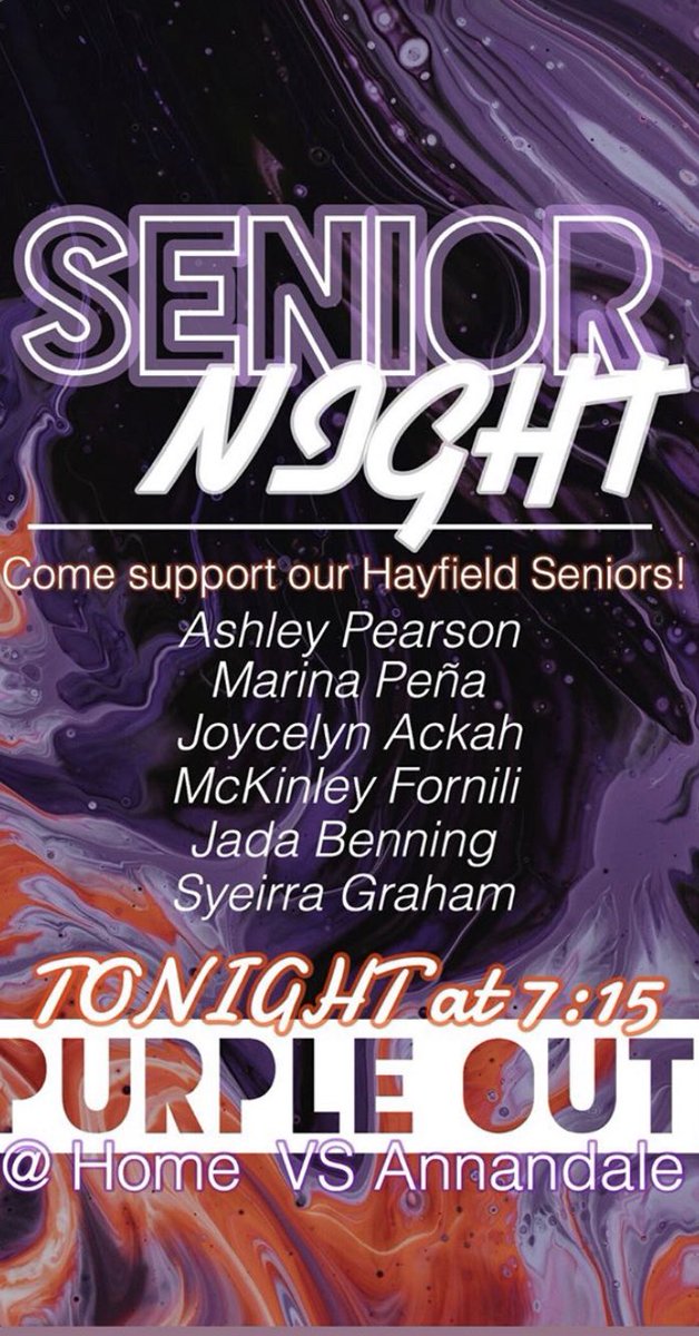 POP OUT TO SENIOR NIGHT AT THE HAWKS NEST TONIGHT AS WE CHEER ON OUR BEAUTIFUL LADIES BE THERE AT 6:45 SO YOU DONT MISS THE SENIOR CEREMONY 
THEME 💟💜💜PURPLE OUT 💜💜💟