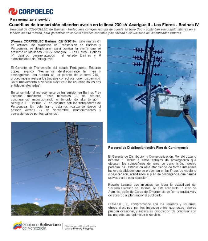 CORPOELECBAR_'s tweet photo. Cuadrillas de transmisión atienden avería en la línea 230 kV Acarigua II - Las Flores - Barinas IV @FBritoMaestre @CORPOELECinfo https://t.co/Q0l5Iph4SY