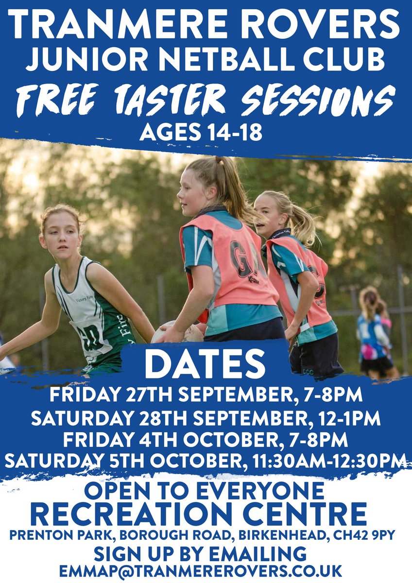 FREE junior Netball taster sessions Friday &amp; Saturday this week <a href="/TRFCCommunity/">Tranmere Rovers in the Community</a> <a href="/WirralSG/">WirralSchoolGames</a> <a href="/sportforwirral/">Wirral Sports Forum</a> <a href="/wirralmetsport1/">Wirral Met Sport Dev</a> <a href="/MerseysideSport/">M S P</a> <a href="/MerseyNetball/">Merseyside Netball</a> <a href="/Wirral_Chamber/">Wirral Chamber of Commerce</a> <a href="/tra/">azucena</a>