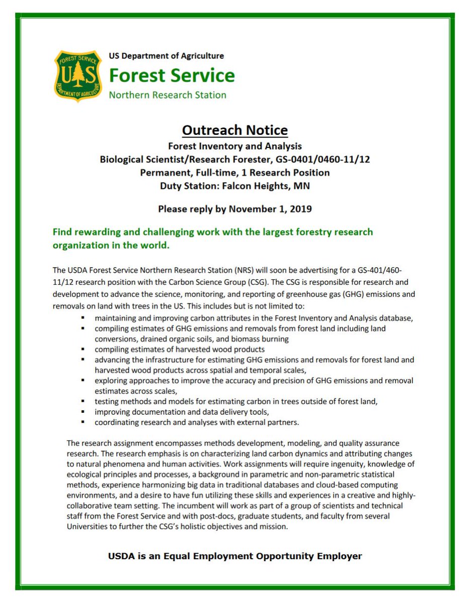 Find rewarding and challenging work with the largest forestry research organization in the world. The <a href="/forestservice/">USDA Forest Service</a> Northern Research Station will soon be advertising for a Biological Scientist/Research Forester. 

View the outreach notice at go.usa.gov/xVsQH
#USDA_FIA