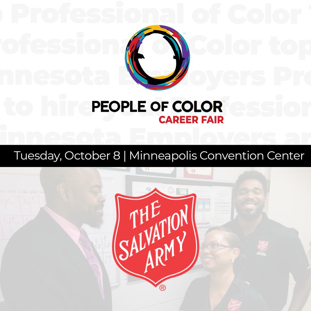 POCCareerFair's tweet image. Looking to give back to the community through your career? Meet w/recruiters at @SalvationArmyUS that are ready to hire you! Tuesday, October 8 at the Minneapolis Convention Center. Register today! It's FREE! 👉🏾 POCCareerFair.com.

📢: #POCCareerFair #POCAccess