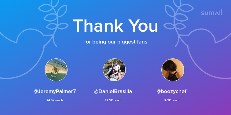 Our biggest fans this week: JeremyPalmer7, DanielBrasilia, boozychef. Thank you! via sumall.com/thankyou?utm_s…