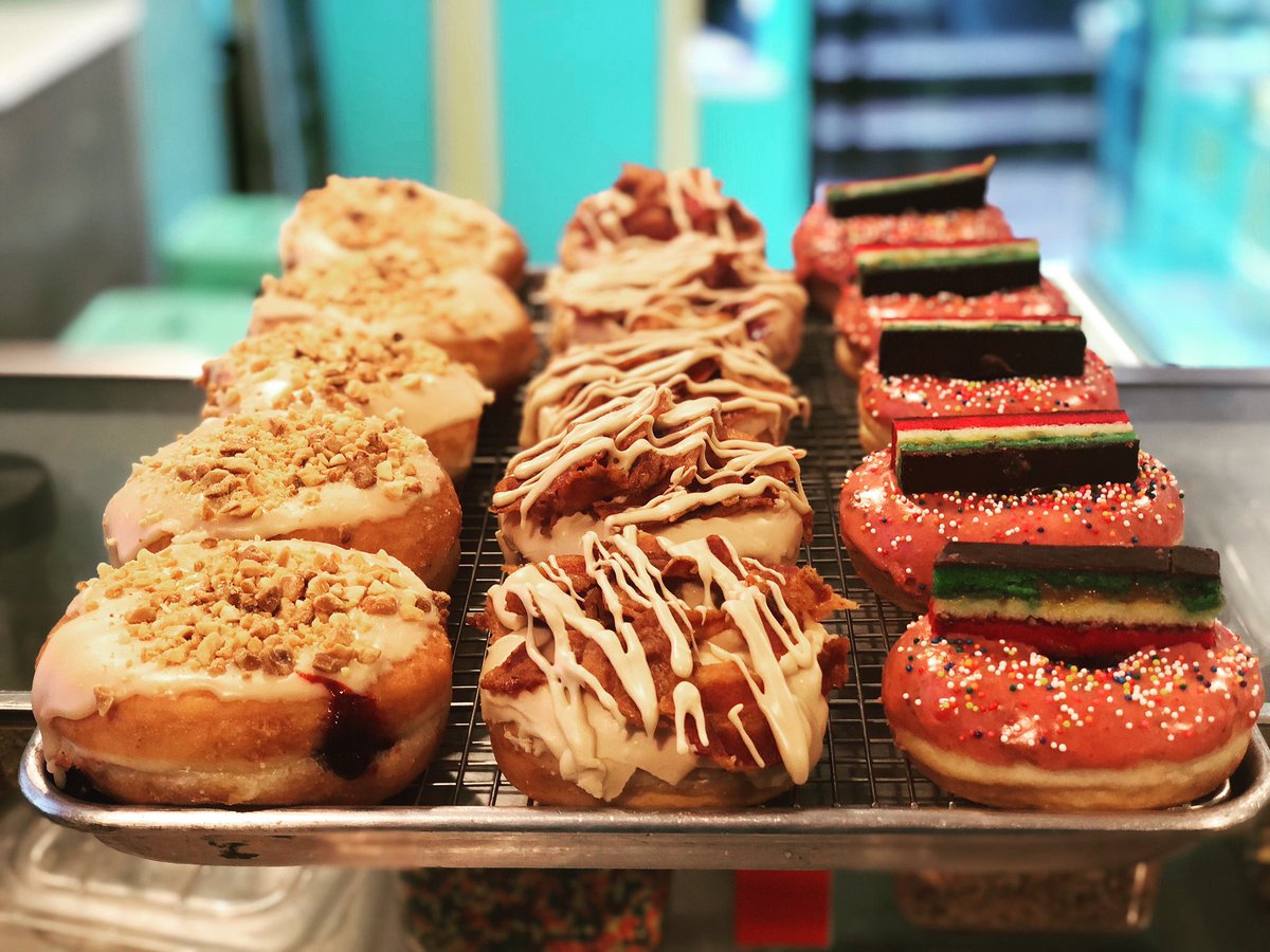 Which one would you like? 
PB&amp;J with roasted nuts. 
@bigalicebrewing stout with bacon. 
@miasbakerybk Rainbow cookie on a donut. 
Available today at @sugarandwaternyc