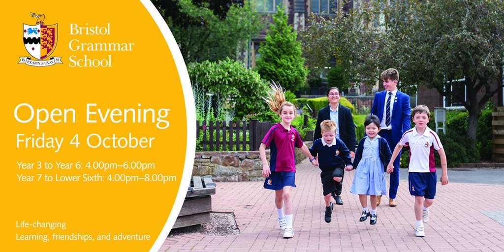 BGSBristol's tweet photo. Join us at our Open Evening TOMORROW (Friday 4 October) to discover what BGS can offer your child. BGS Juniors is open 4–6pm, the Senior School & Sixth Form 4pm–8pm. Meet staff and pupils, tour the School and hear from @BGSHeadmaster Mr Barot. #VisitBGS #OpenEvening #WelcometoBGS https://t.co/f40ekrIKv1