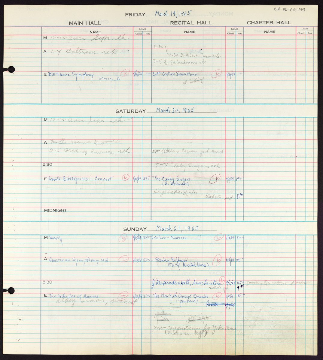 Carnegie Hall Booking Ledger, volume 10, page 59. March 21, 1965 entry for the Recital Hall: "New Compositions by Yoko Ono" penciled in and Norman Seaman listed as management.