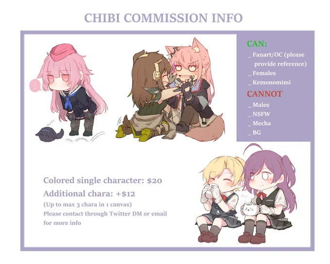 Chibi Commission Info
Please contact me via Twitter DM or email
For now, I will open 4 slots first 
RT's are appreciated! Thank you very much! 