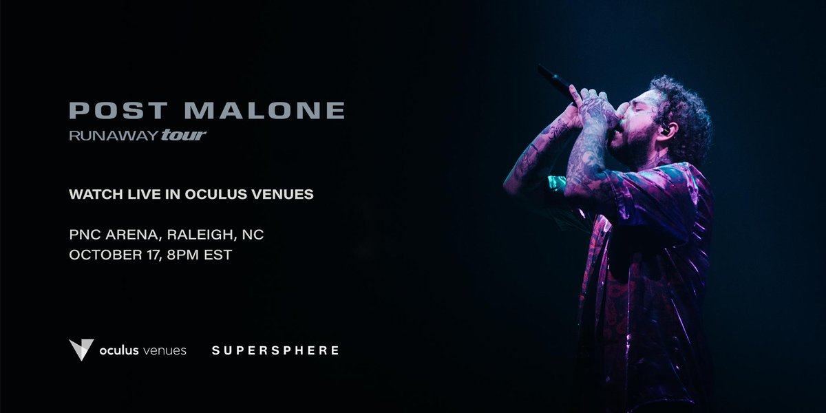 Come party with a rockstar in VR. Exclusive, immersive broadcast of @PostMalone's #RunawayTour headline set is happening October 17, 8PM EST, only in @oculus Venues. Yeah, we made it #vr ocul.us/PostMalone