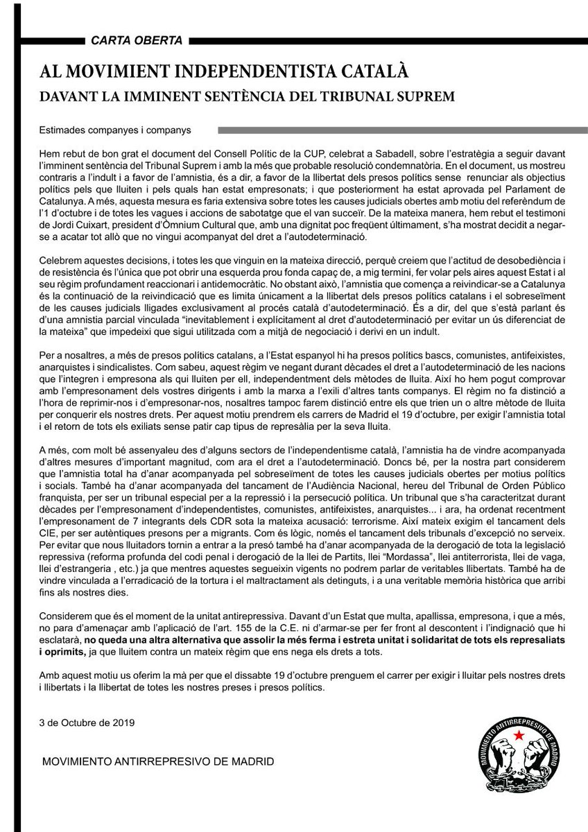 AntirrepreMad's tweet photo. CARTA ABIERTA AL MOVIMIENTO INDEPENDISTA CATALÁN: 

Únamonos en la lucha por la Amnistía TOTAL.

(CAT/CAST) https://t.co/K2ZUgdDO0z